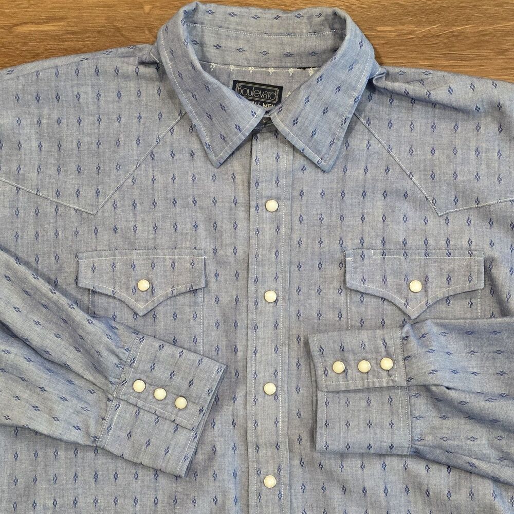 Vintage Western Pearl Snap Shirt Mens 2XLT Tall Diamond 90s Boulevard Block READ